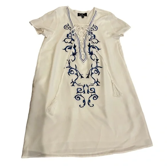 Lulu’s Down in Kokomo Ivory Floral Embroidered Shift Lace-up Dress, Size M, EUC - Picture 6 of 9